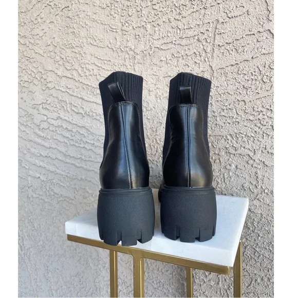 MANGO MNG Black Faux Leather Track Lug Sole Pull On Platform Boots Sz 38 US 7.5 - Picture 10 of 12